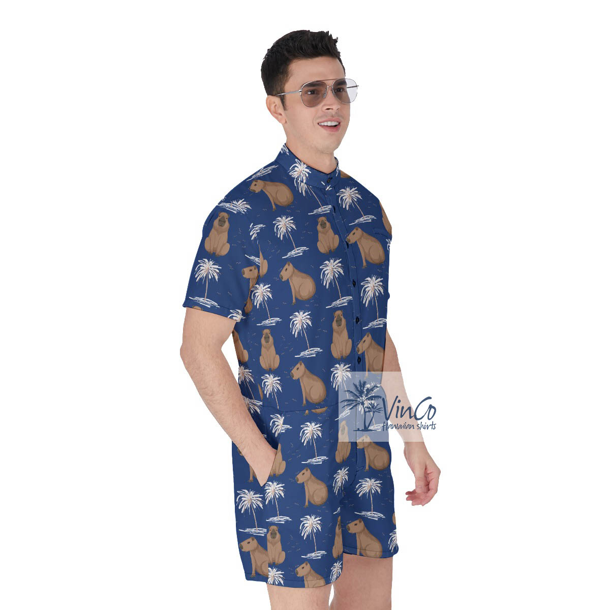 Men's Capybara Print Hawaiian Romper For Summer