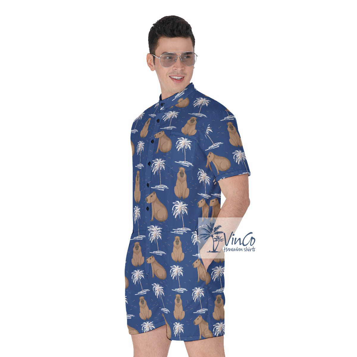 Men's Capybara Print Hawaiian Romper For Summer