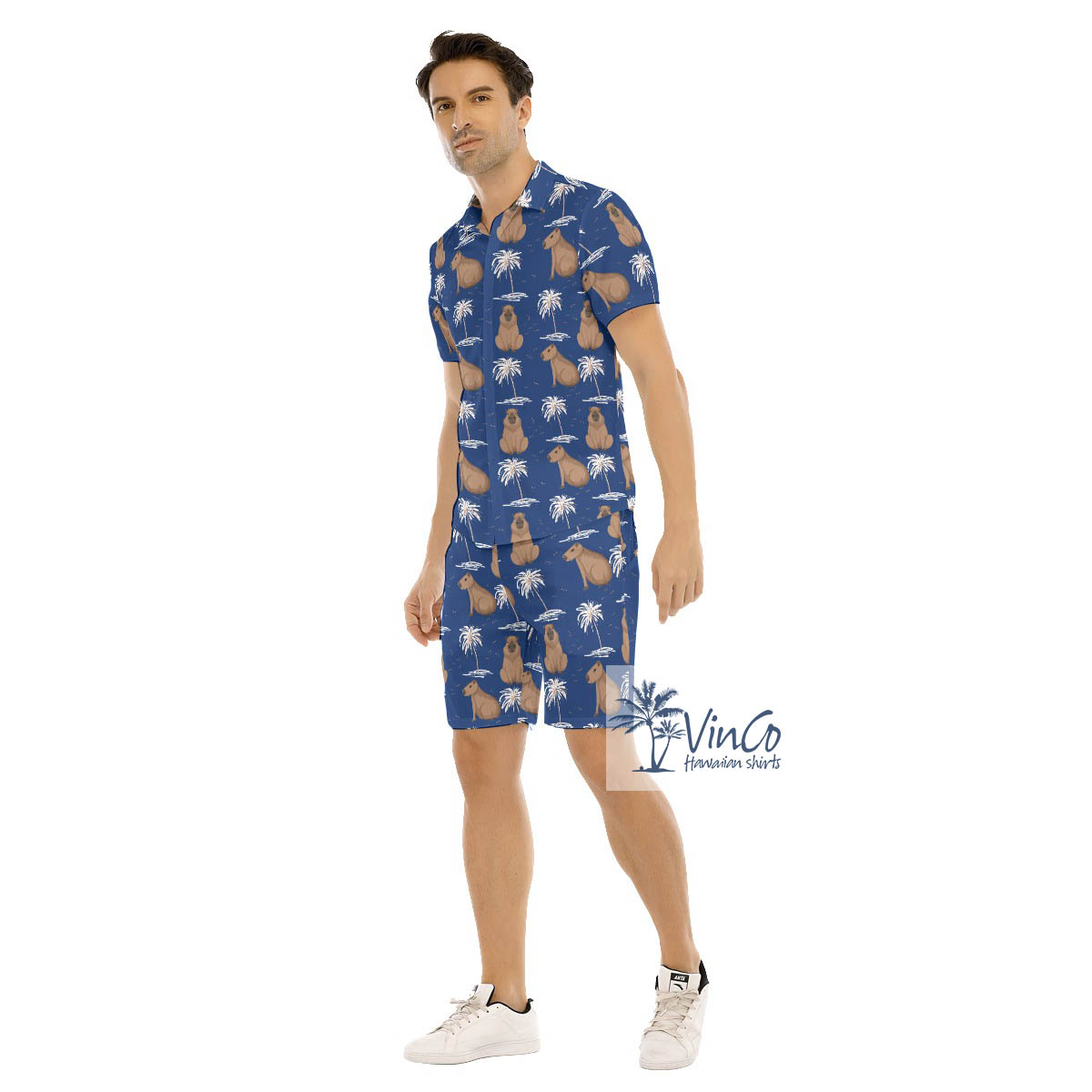 Blue Capybara Print Button Up Shirt And Shorts Set For Men