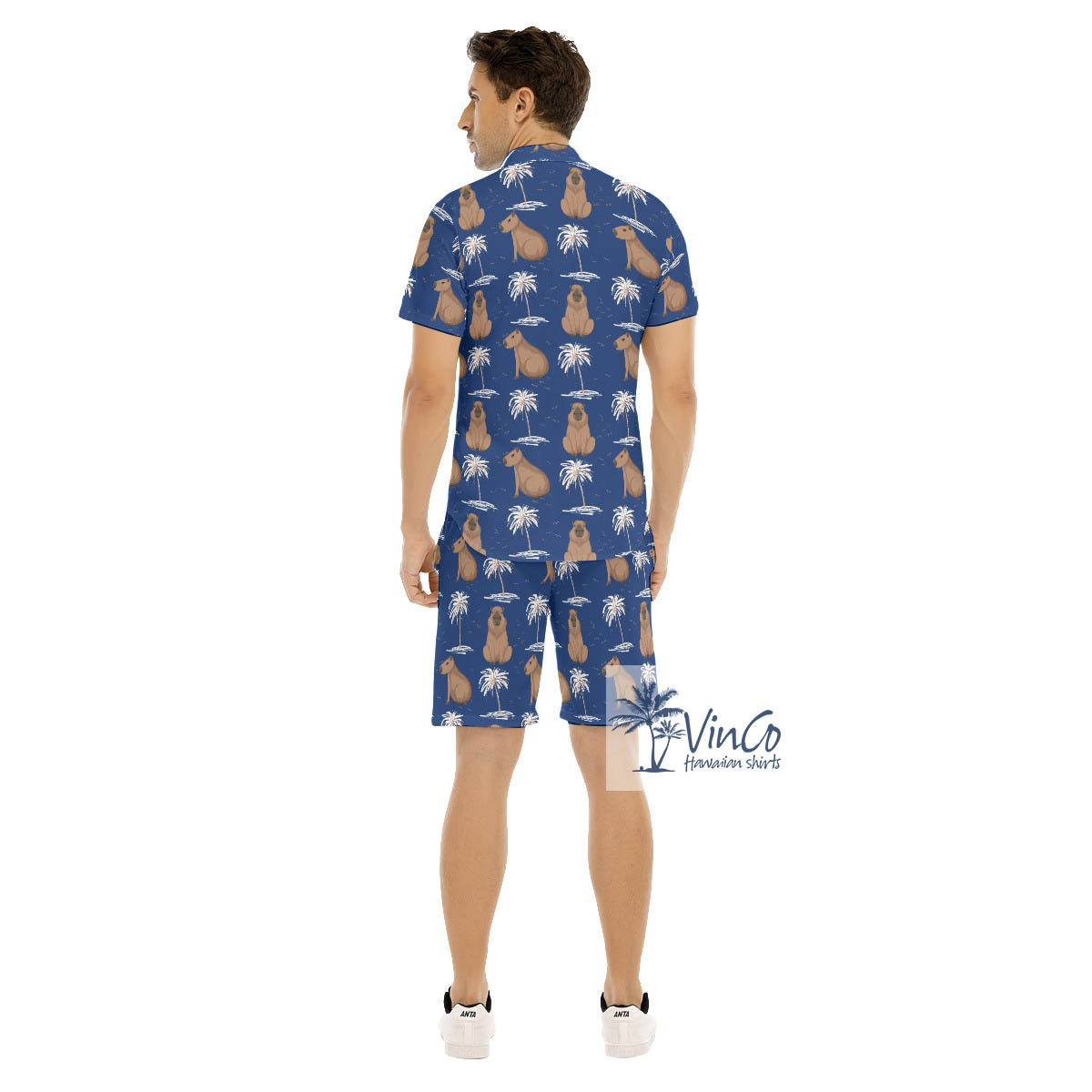 Blue Capybara Print Button Up Shirt And Shorts Set For Men