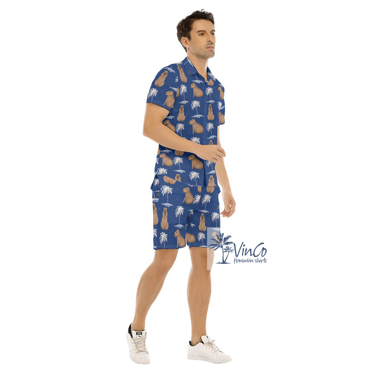 Blue Capybara Print Button Up Shirt And Shorts Set For Men