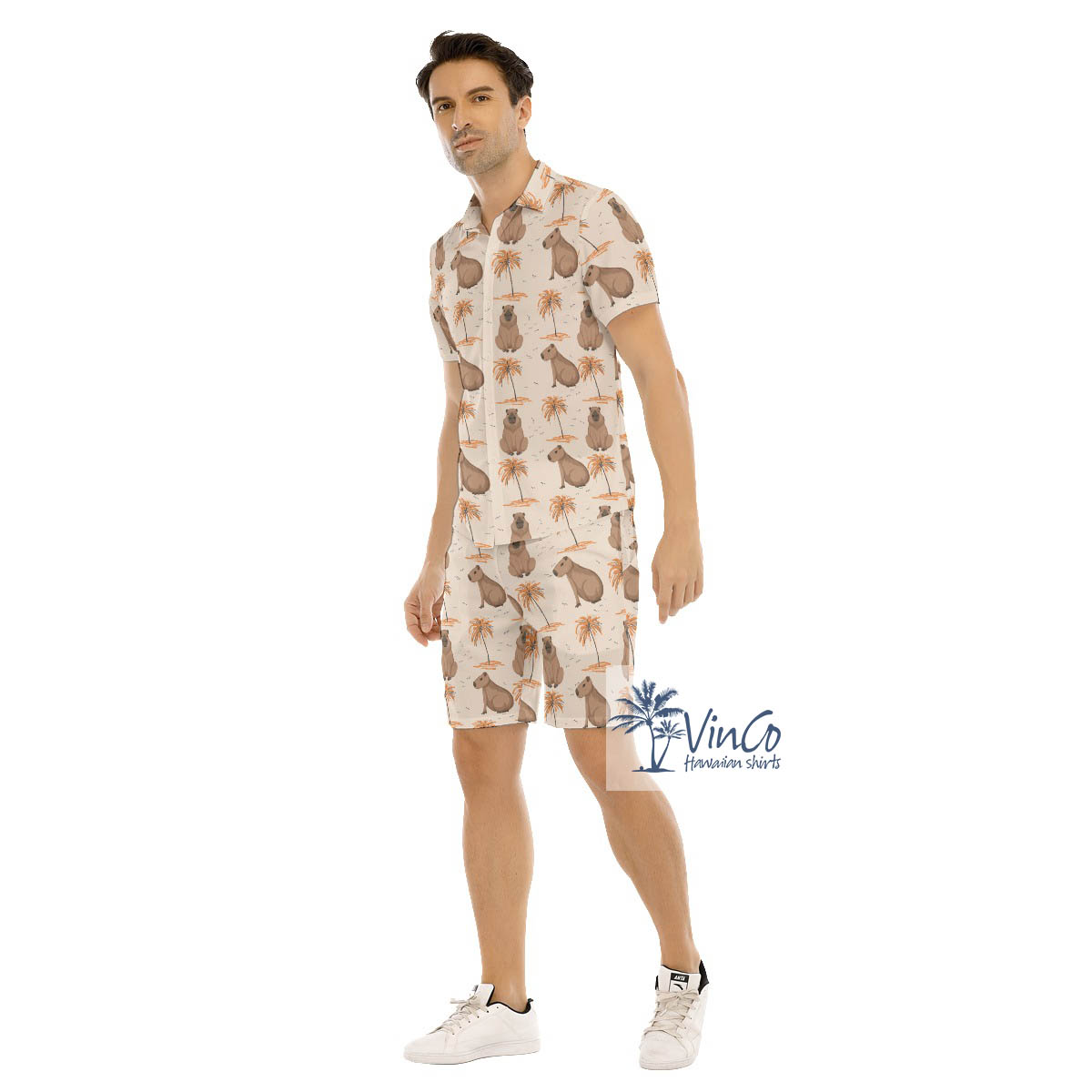 Funny Capybara Aloha Button Shirt Shorts Set For Men