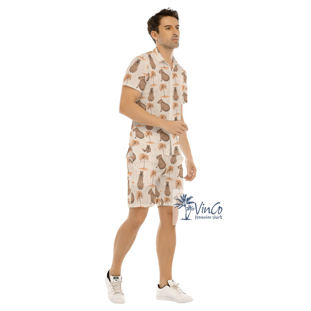 Funny Capybara Aloha Button Shirt Shorts Set For Men