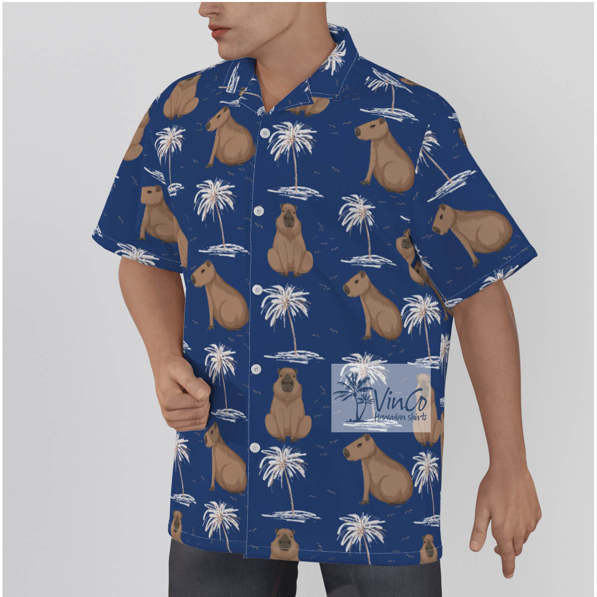 Unique Capybara Pattern Hawaiian Button Up Shirt For Men