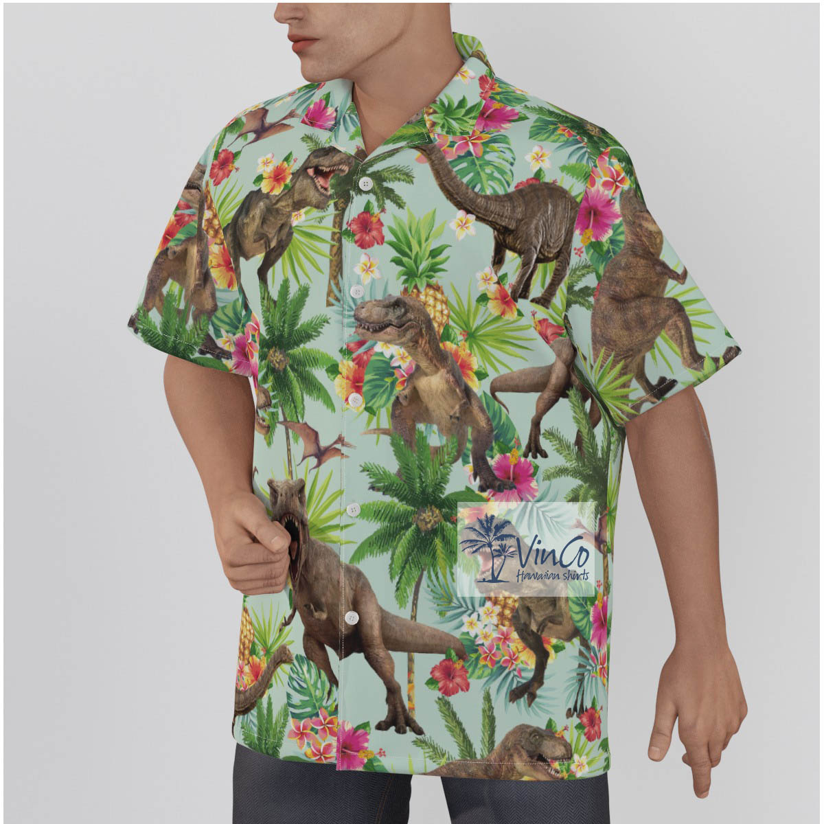 Tropical Dinosaur Cotton Hawaiian Shirt For Men