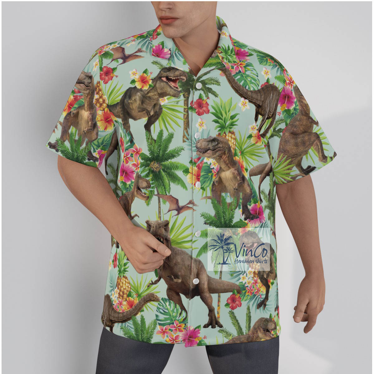 Tropical Dinosaur Cotton Hawaiian Shirt For Men