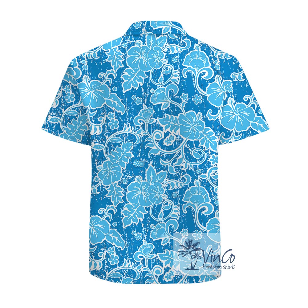 Vintage Blue Floral Cotton Hawaiian Button Up Shirt