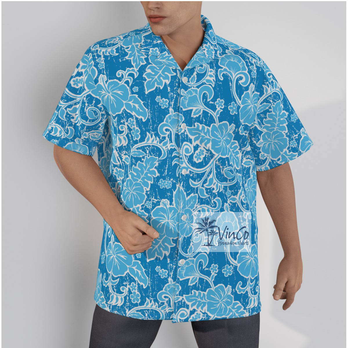 Vintage Blue Floral Cotton Hawaiian Button Up Shirt