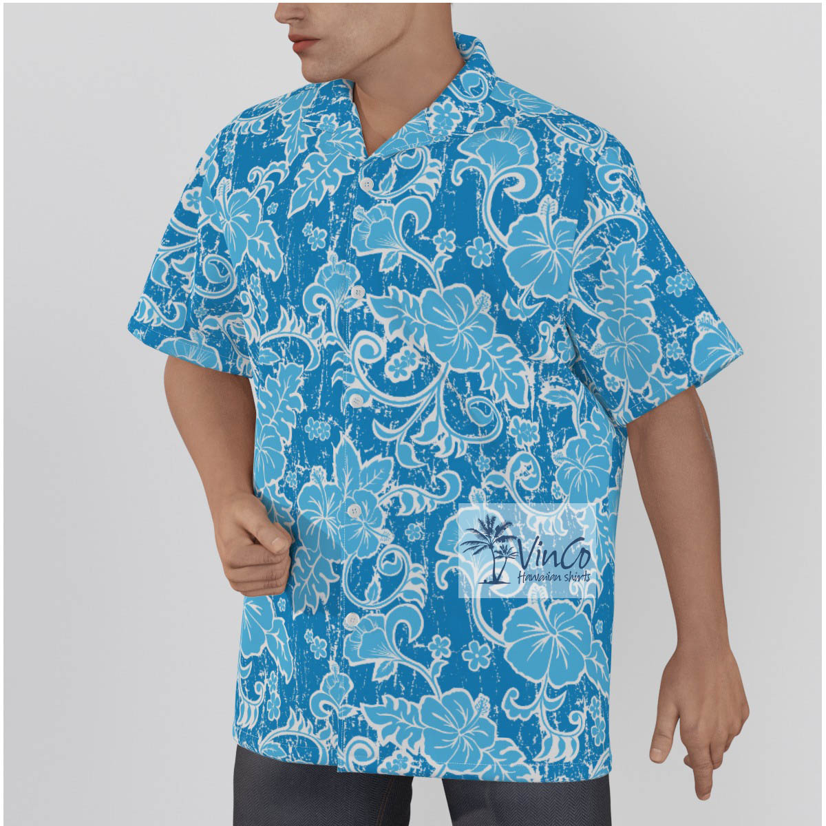 Vintage Blue Floral Cotton Hawaiian Button Up Shirt