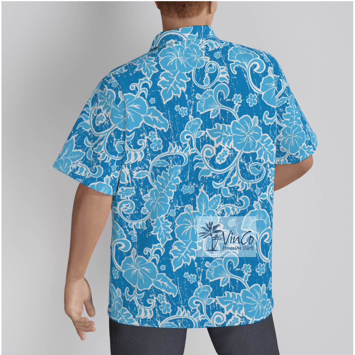Vintage Blue Floral Cotton Hawaiian Button Up Shirt