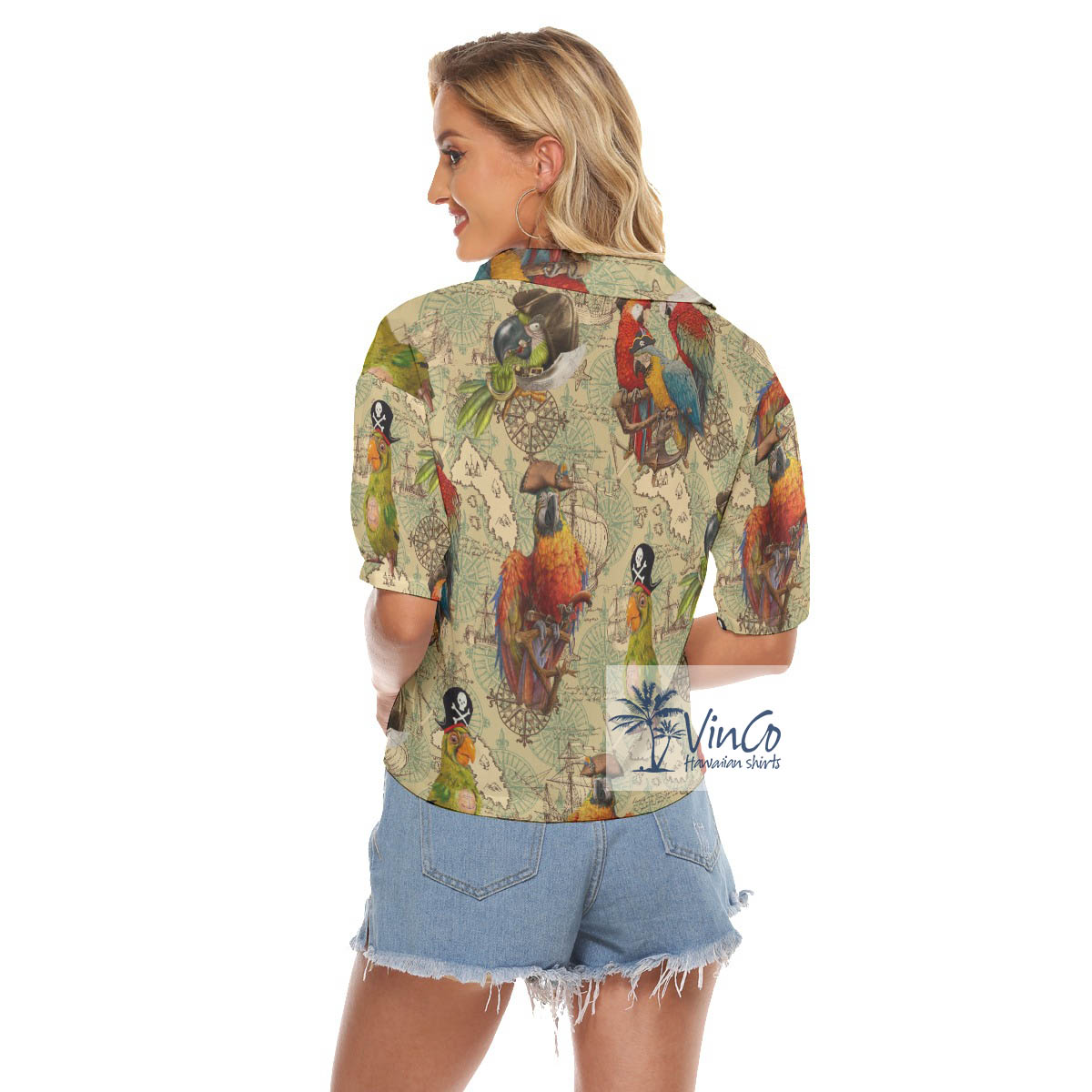 Funny Pirate Parrot Hawaiian Cropped Shirt For Women