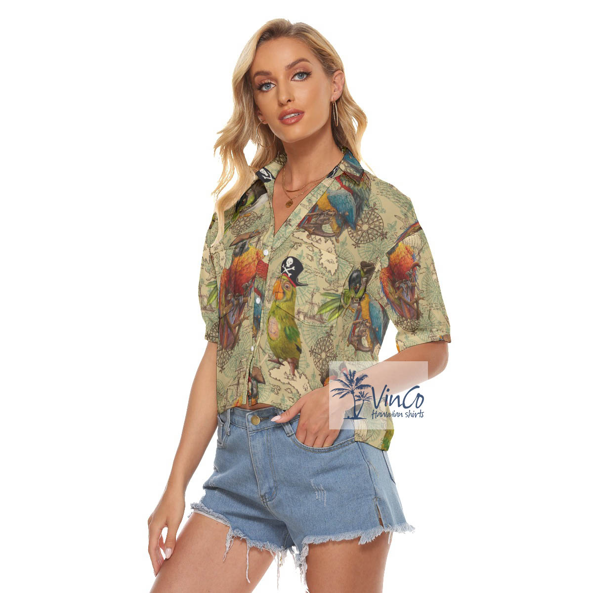 Funny Pirate Parrot Hawaiian Cropped Shirt For Women