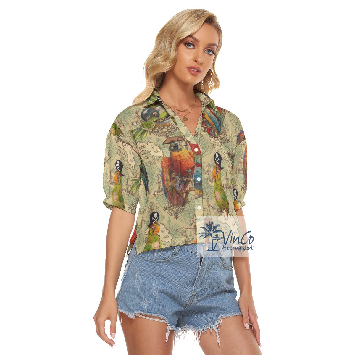 Funny Pirate Parrot Hawaiian Cropped Shirt For Women