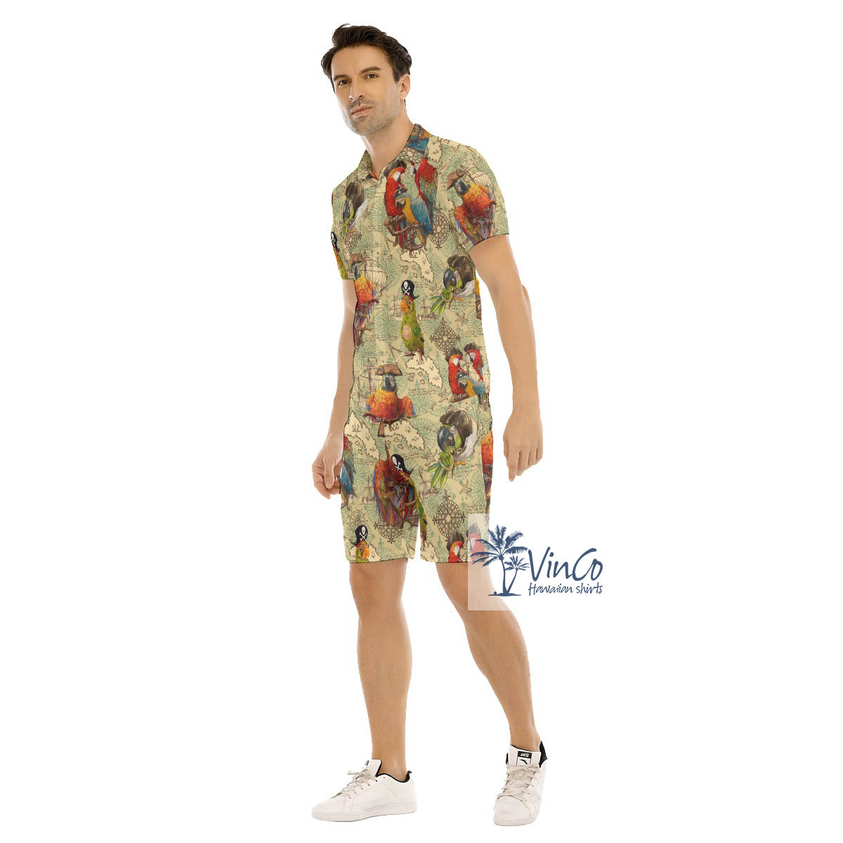 Set Parrot Pirate Hawaiian Shirt And Matching Shorts For Men