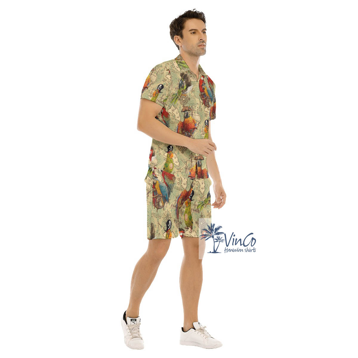 Set Parrot Pirate Hawaiian Shirt And Matching Shorts For Men