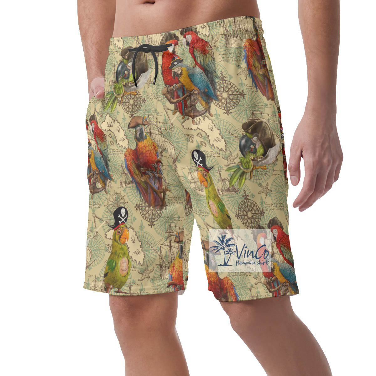 Pirate Parrot Hawaiian Beach Shorts For Men