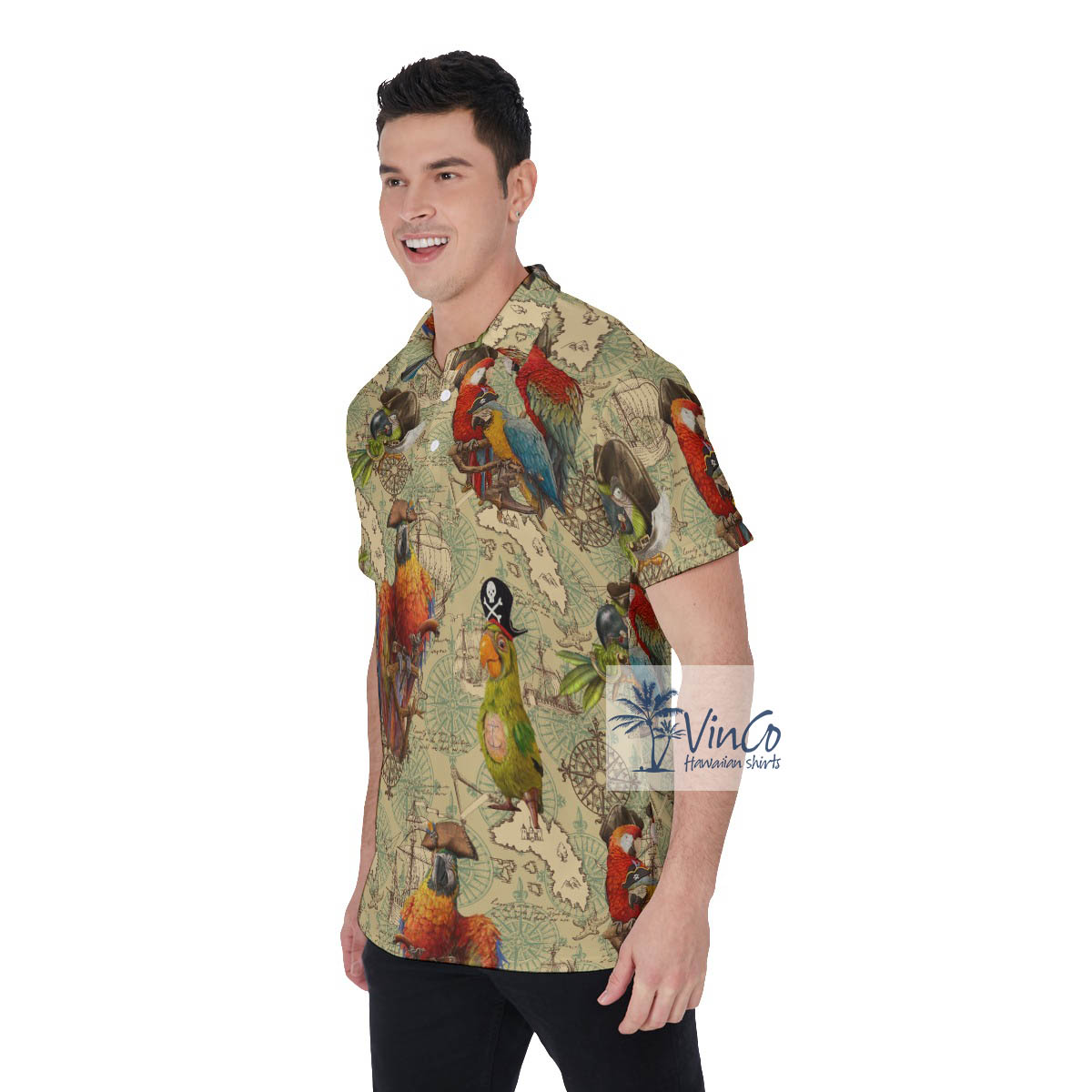 Funny Pirate Parrot Hawaiian Golf Shirt For Men