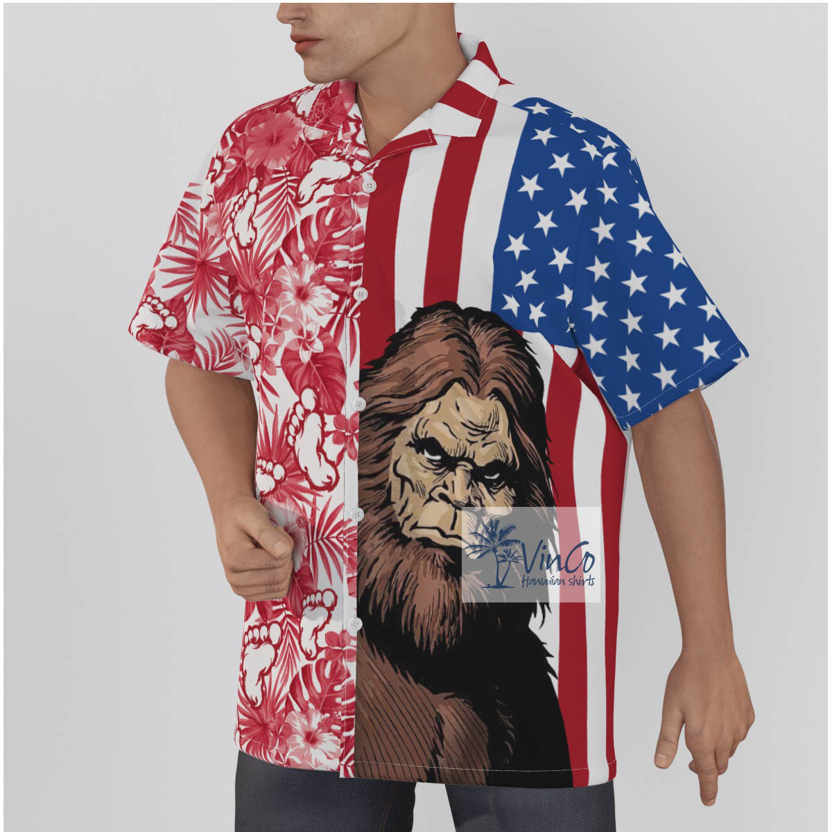 Patriotic Sasquatch Cotton Hawaiian Shirt For Men