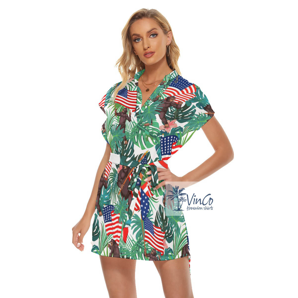 Tropical Bigfoot Aloha Dress With Belt For Vacation