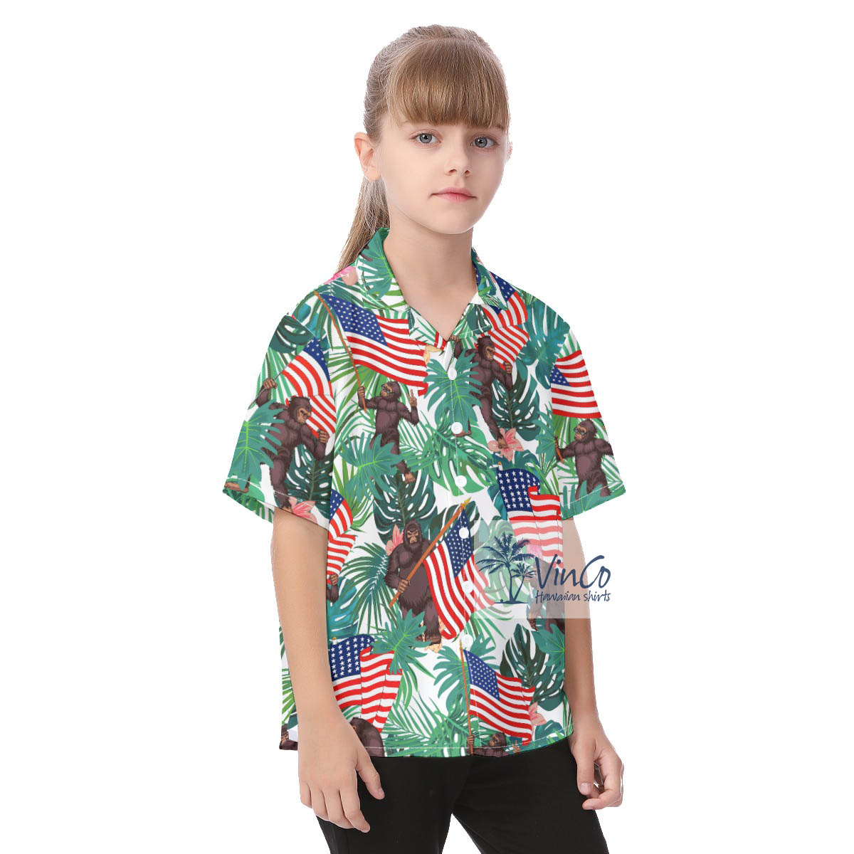 Unique Sasquatch American Flag Hawaiian Button Up Shirt For Kids
