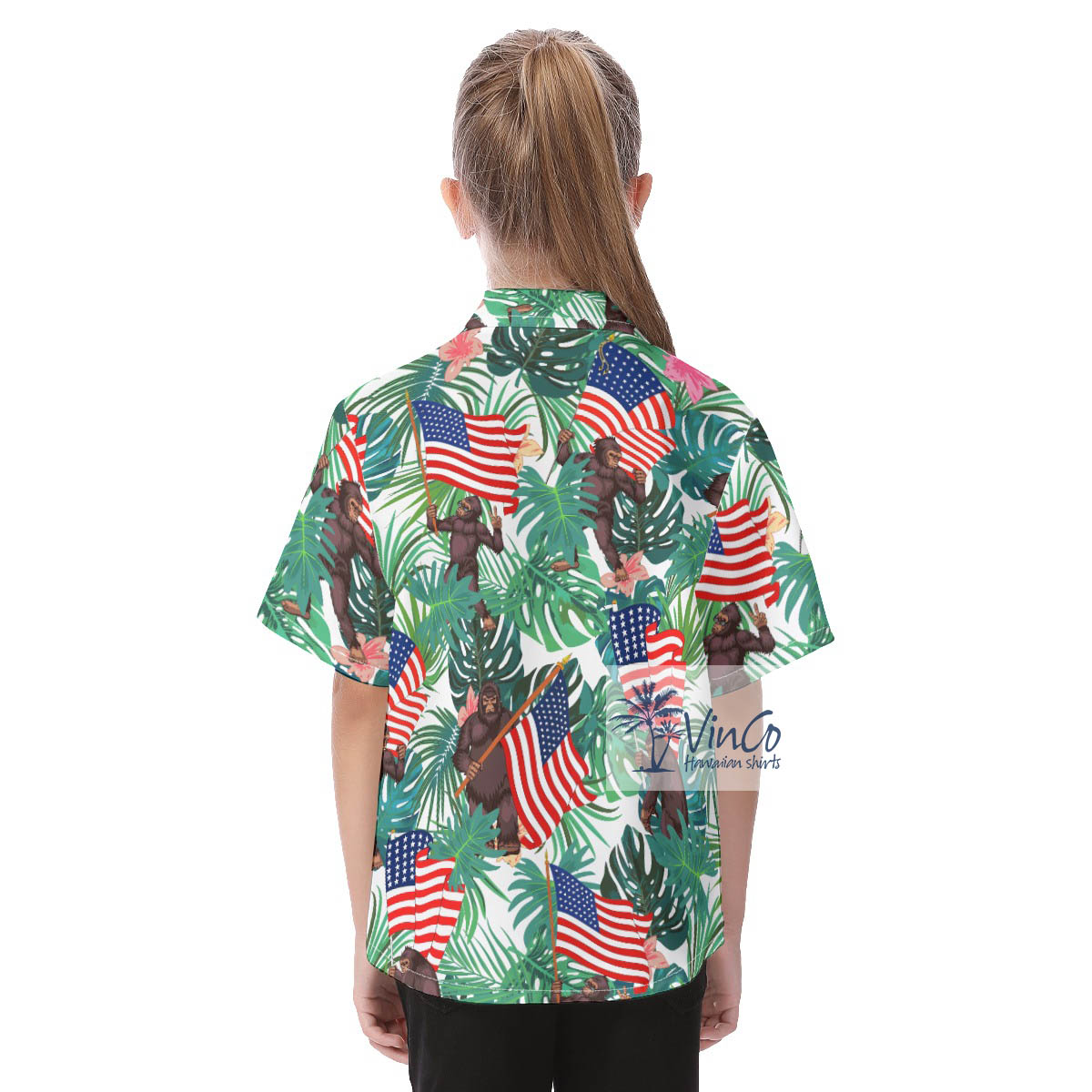 Unique Sasquatch American Flag Hawaiian Button Up Shirt For Kids