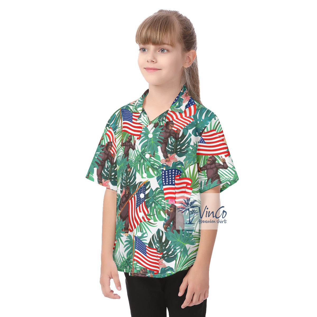 Unique Sasquatch American Flag Hawaiian Button Up Shirt For Kids