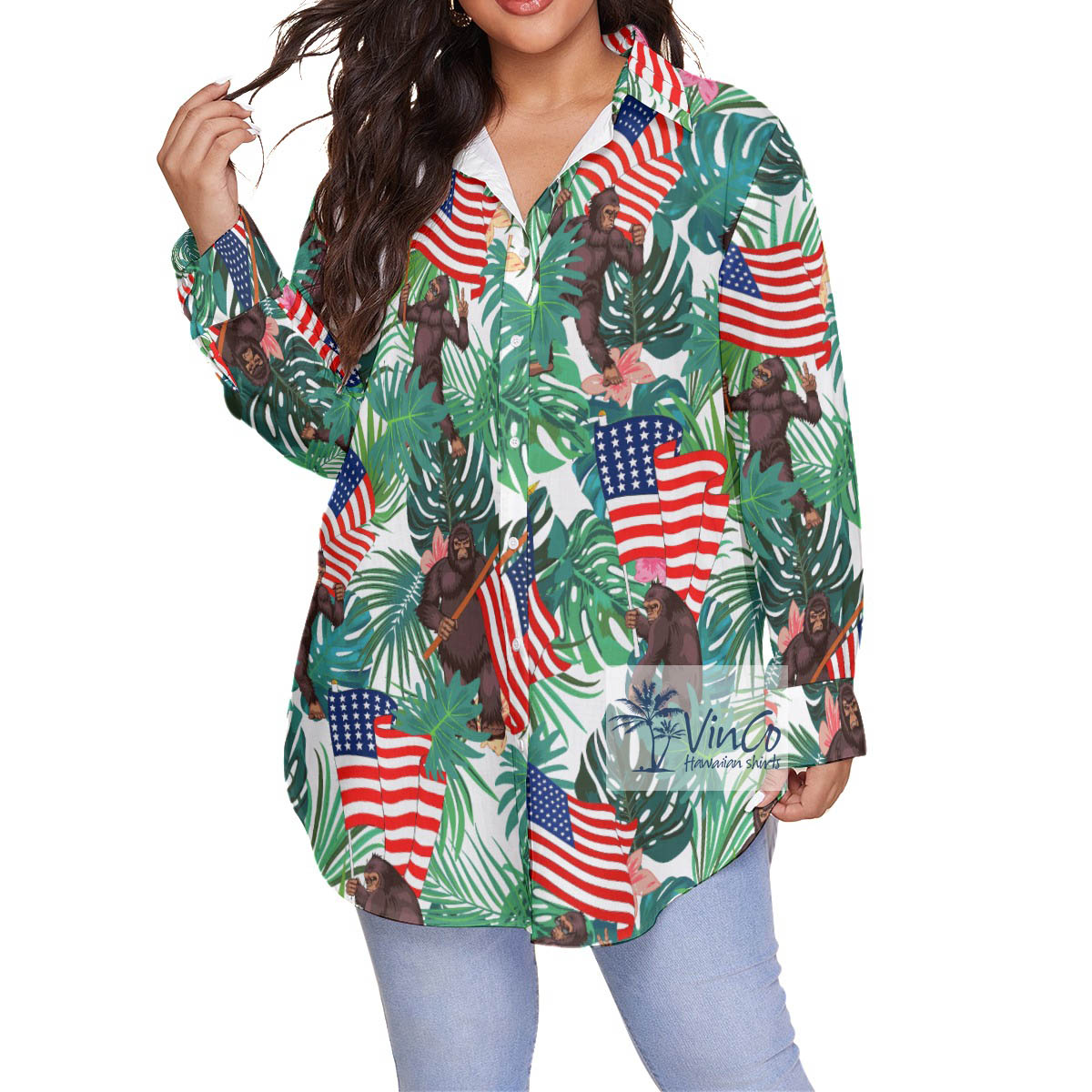 Tropical Bigfoot Patriotic Plus Size Hawaiian Shirt For Women