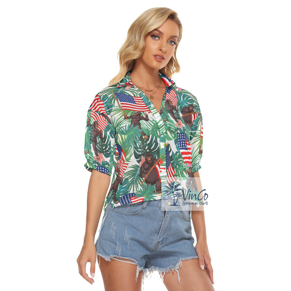 Tropical Bigfoot Holding American Flag Hawaiian Cropped Shirt For Women