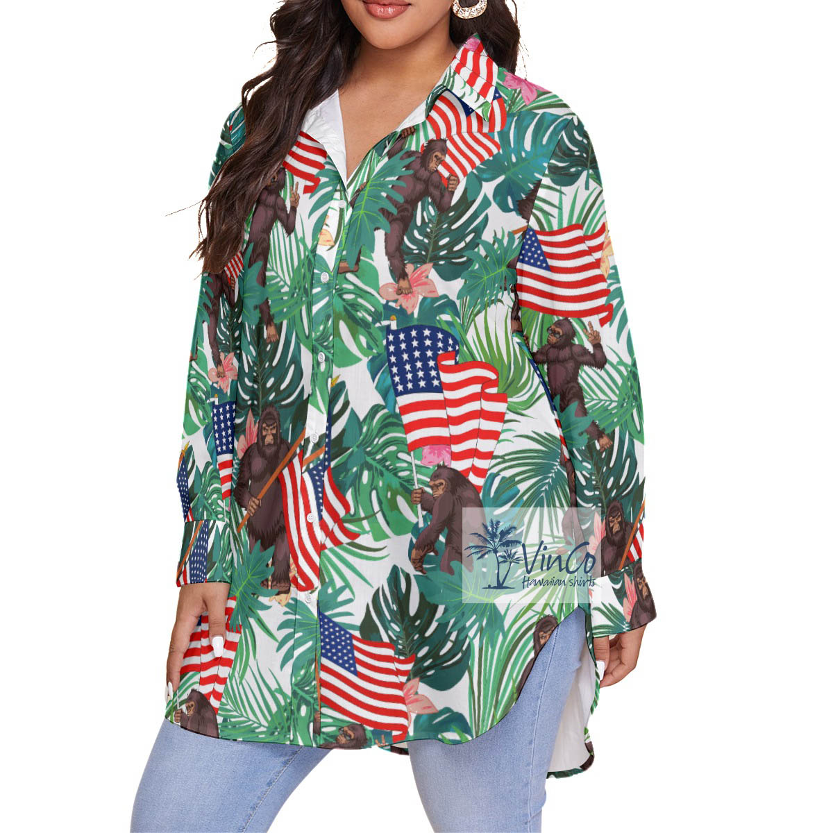 Tropical Bigfoot Patriotic Plus Size Hawaiian Shirt For Women