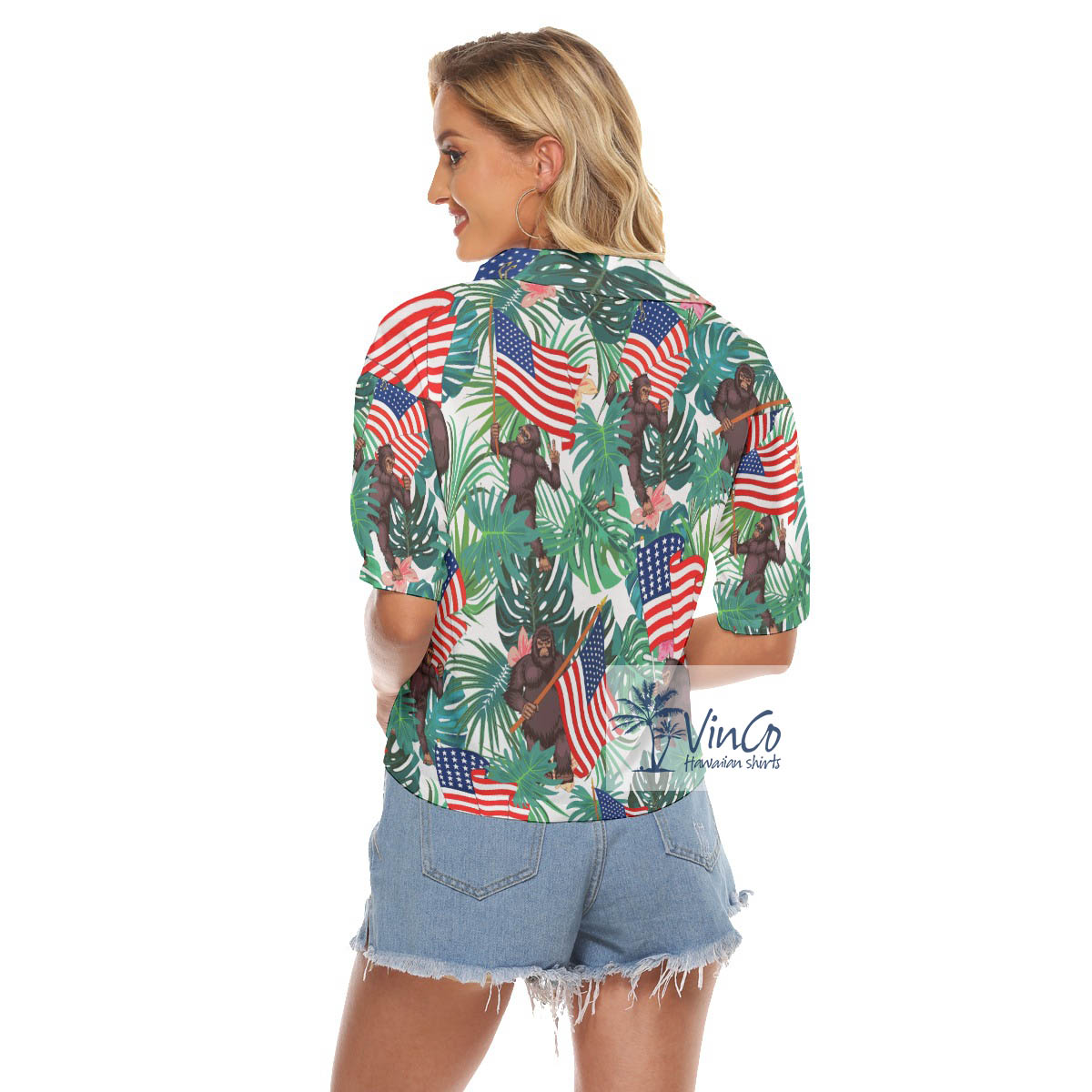 Tropical Bigfoot Holding American Flag Hawaiian Cropped Shirt For Women