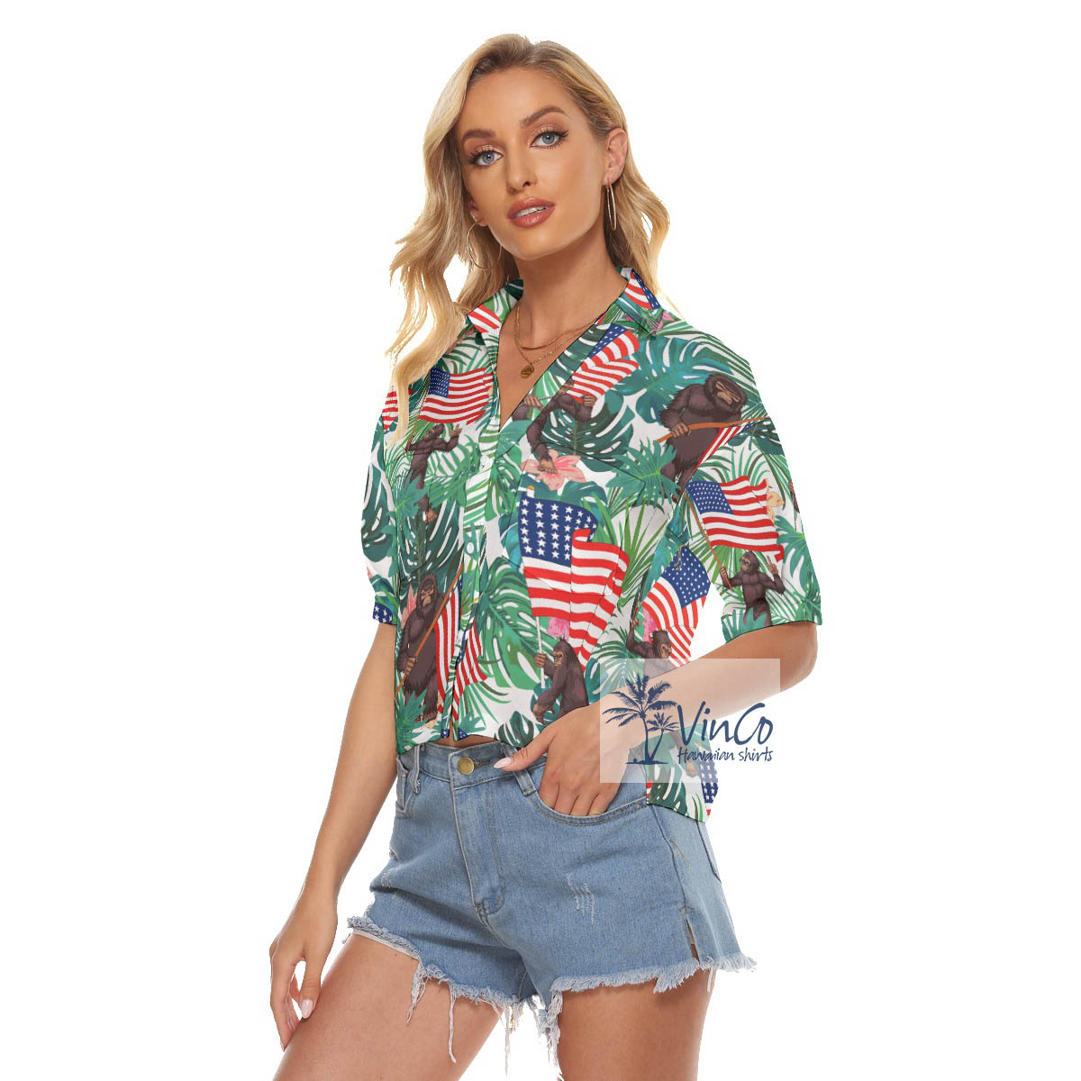 Tropical Bigfoot Holding American Flag Hawaiian Cropped Shirt For Women