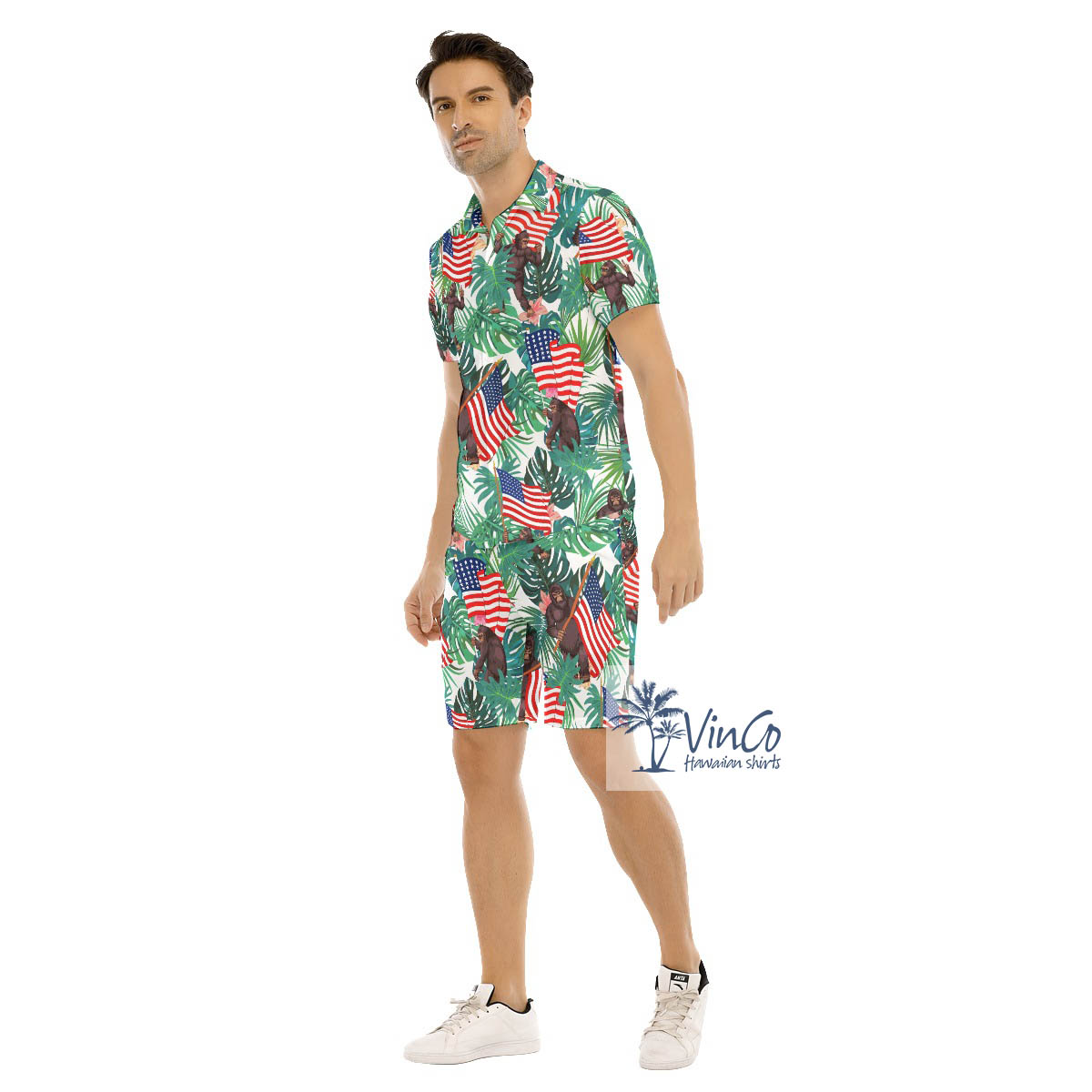 4th Of July Bigfoot Tropical All Over Print Hawaiian Shirt Set For Men
