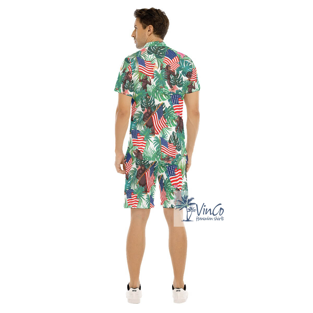 4th Of July Bigfoot Tropical All Over Print Hawaiian Shirt Set For Men