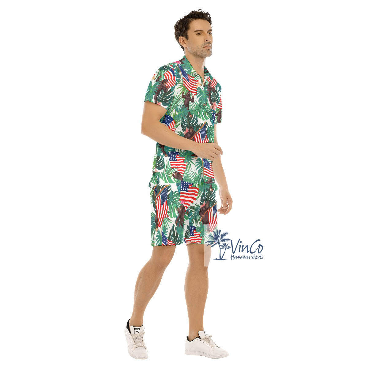 4th Of July Bigfoot Tropical All Over Print Hawaiian Shirt Set For Men