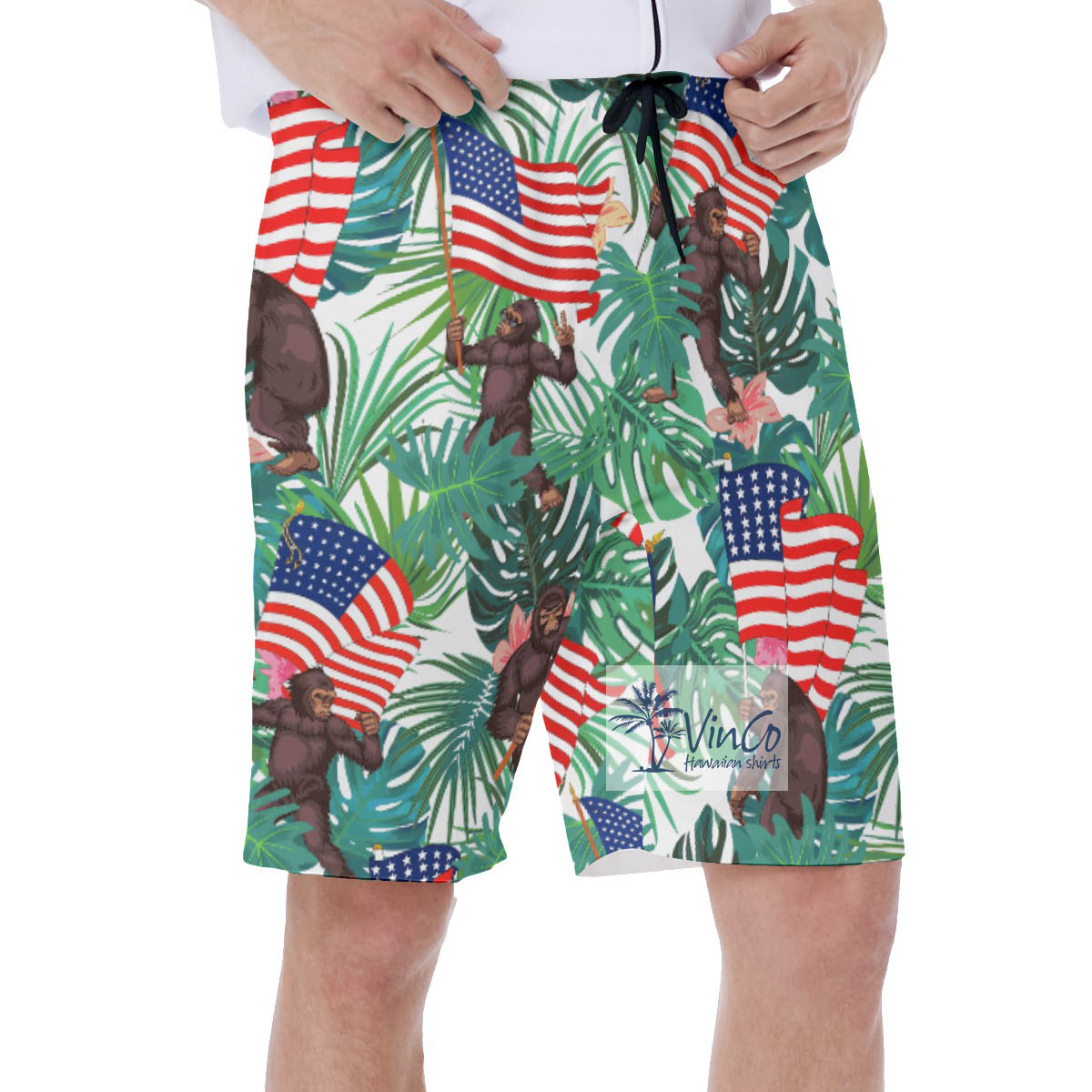 Cool Bigfoot USA Flag Hawaiian Swim Trunks For Men