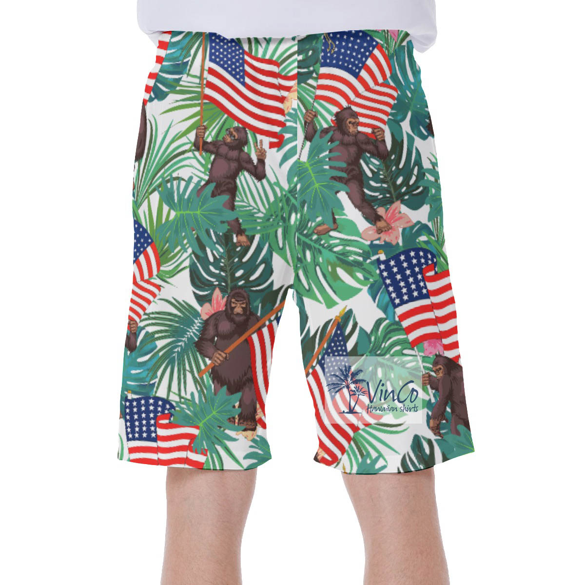 Cool Bigfoot USA Flag Hawaiian Swim Trunks For Men