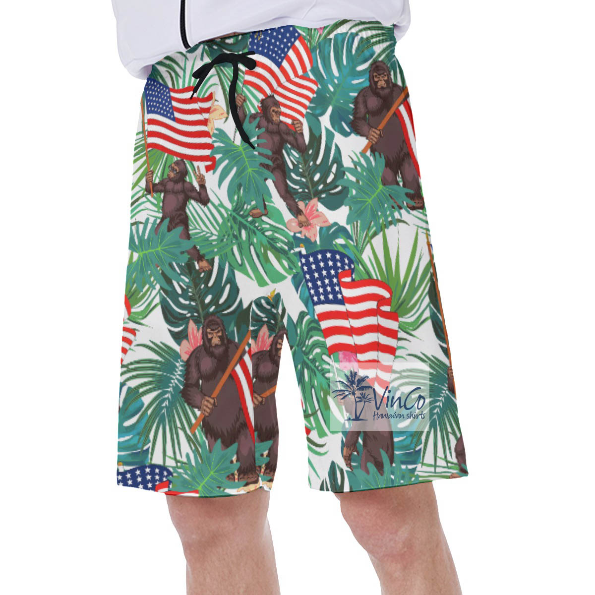 Cool Bigfoot USA Flag Hawaiian Swim Trunks For Men