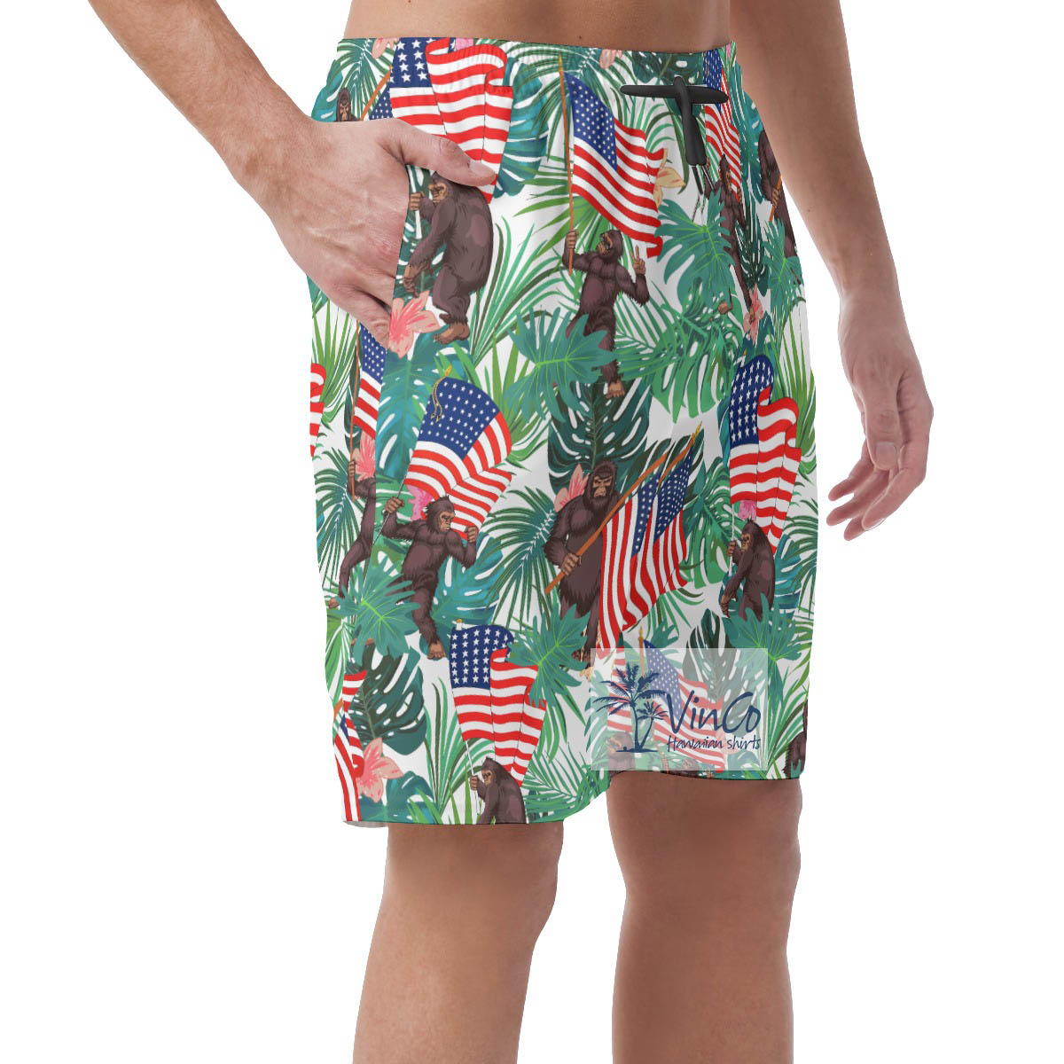 Funny Bigfoot American Flag Aloha Summer Shorts For Men
