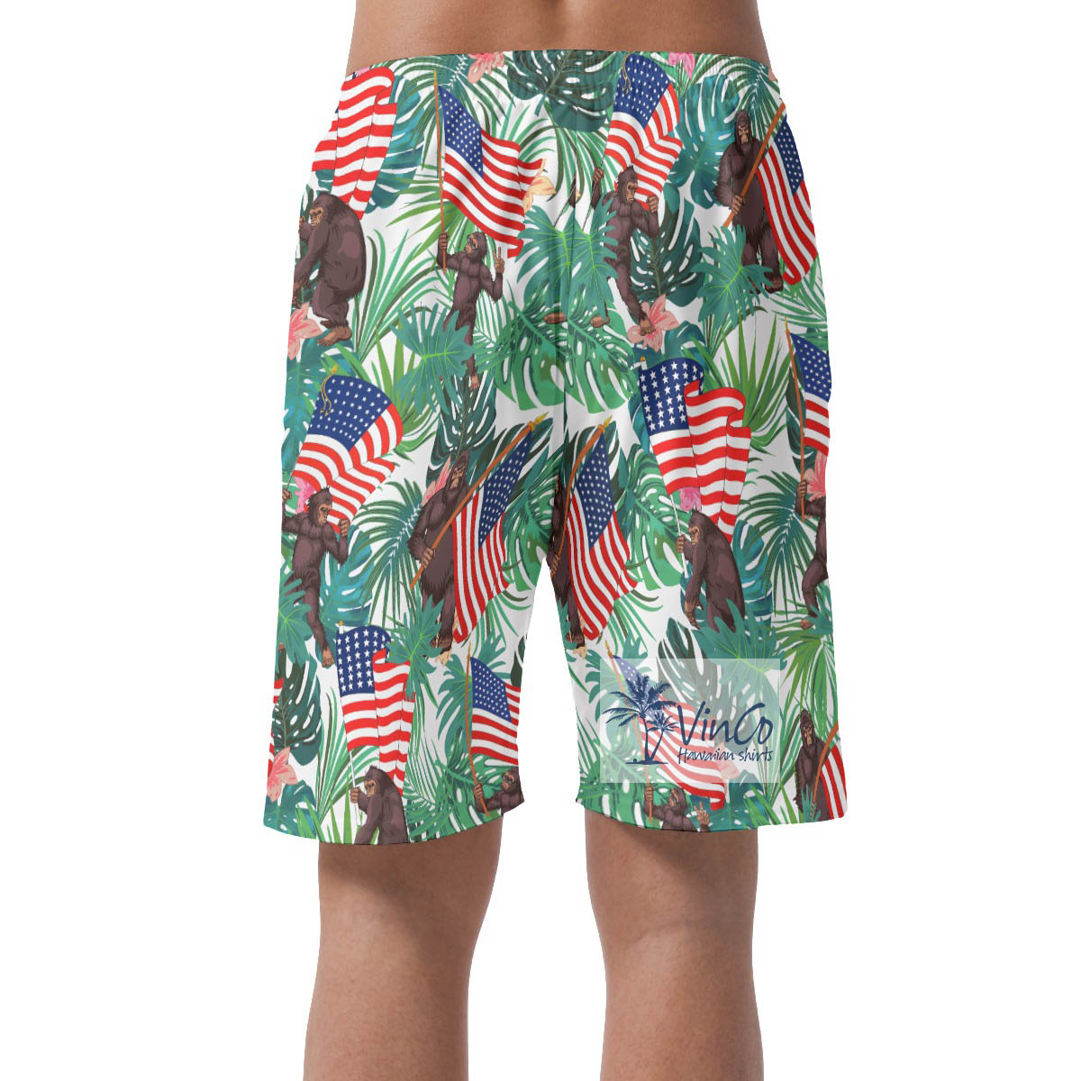 Funny Bigfoot American Flag Aloha Summer Shorts For Men