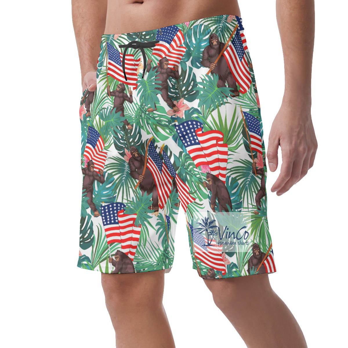 Funny Bigfoot American Flag Aloha Summer Shorts For Men