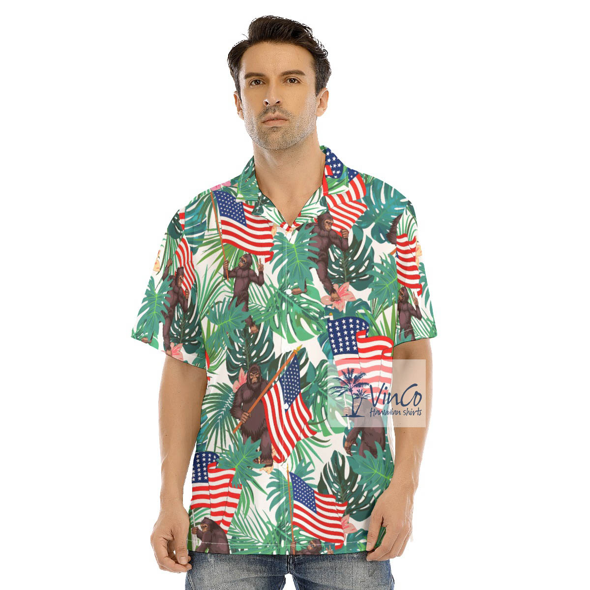 Tropical Bigfoot American Flag Men's Hawaiian Shirt - variant image 1