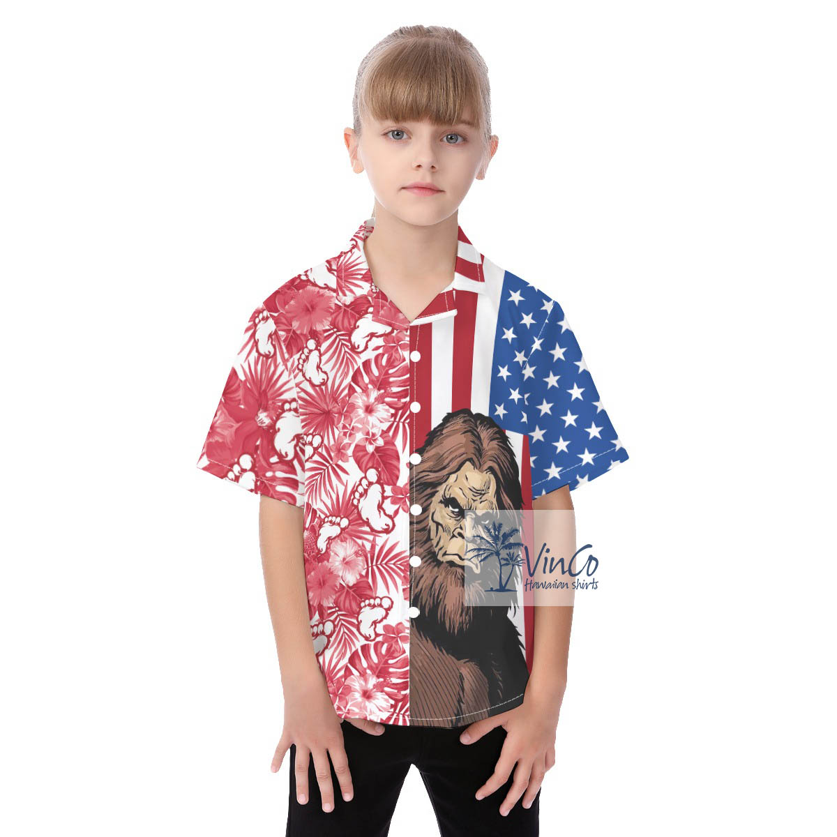 Amazing Bigfoot Patriotic American Flag Hawaiian Shirt For Kids - variant image 1