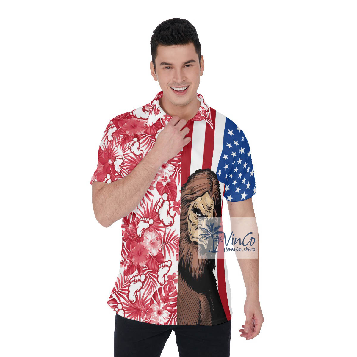 Patriotic Bigfoot American Flag Hawaiian Golf Shirt For Men - variant image 1