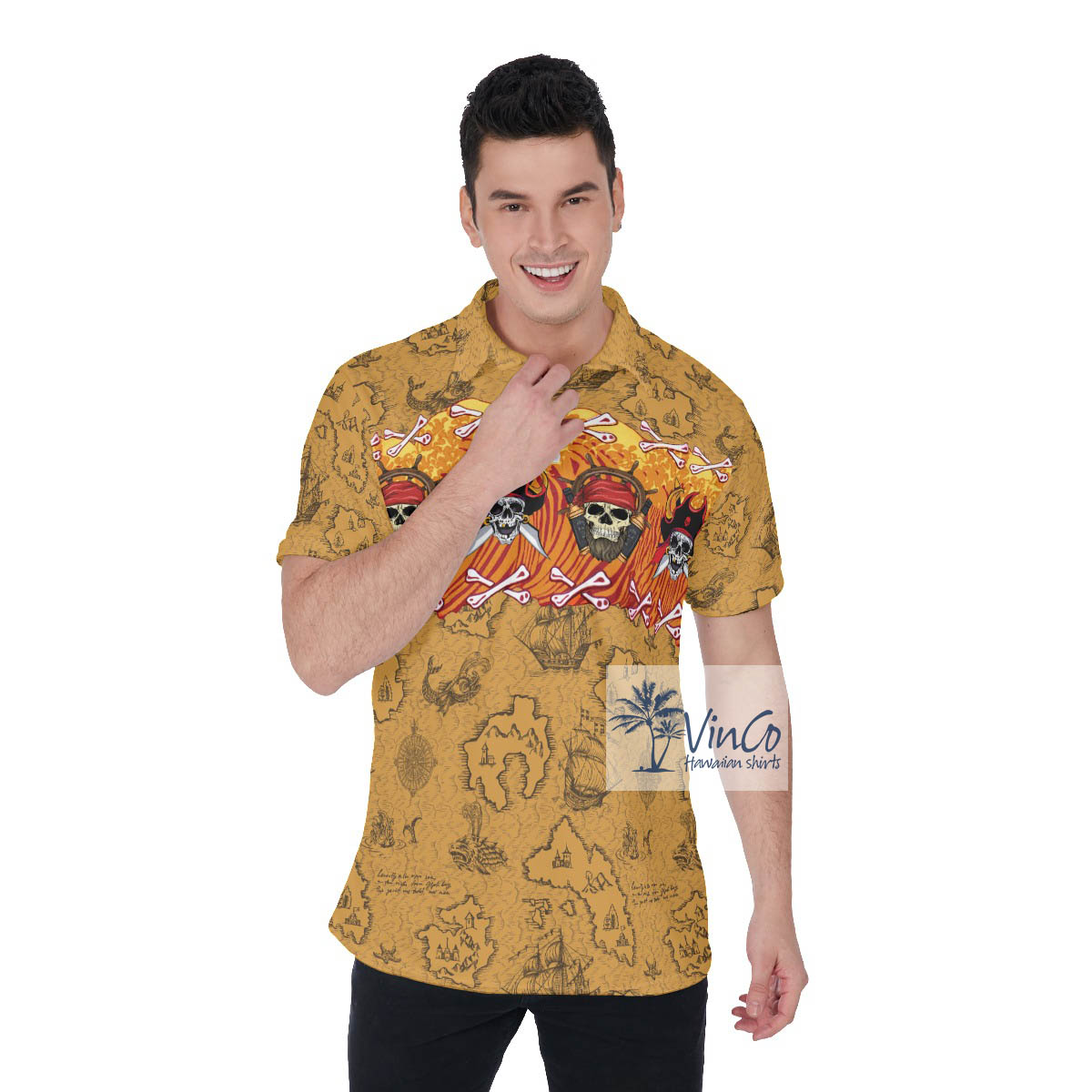 Funny Pirate Skull Hawaiian Polo Shirt - variant image 1