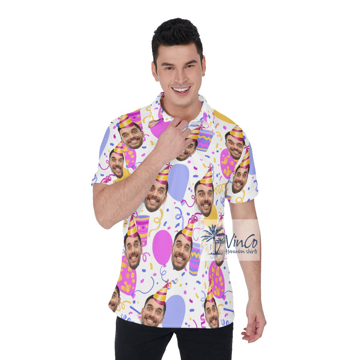 Custom Photo Face Happy Birthday Hawaiian Polo Shirt For Men - variant image 1