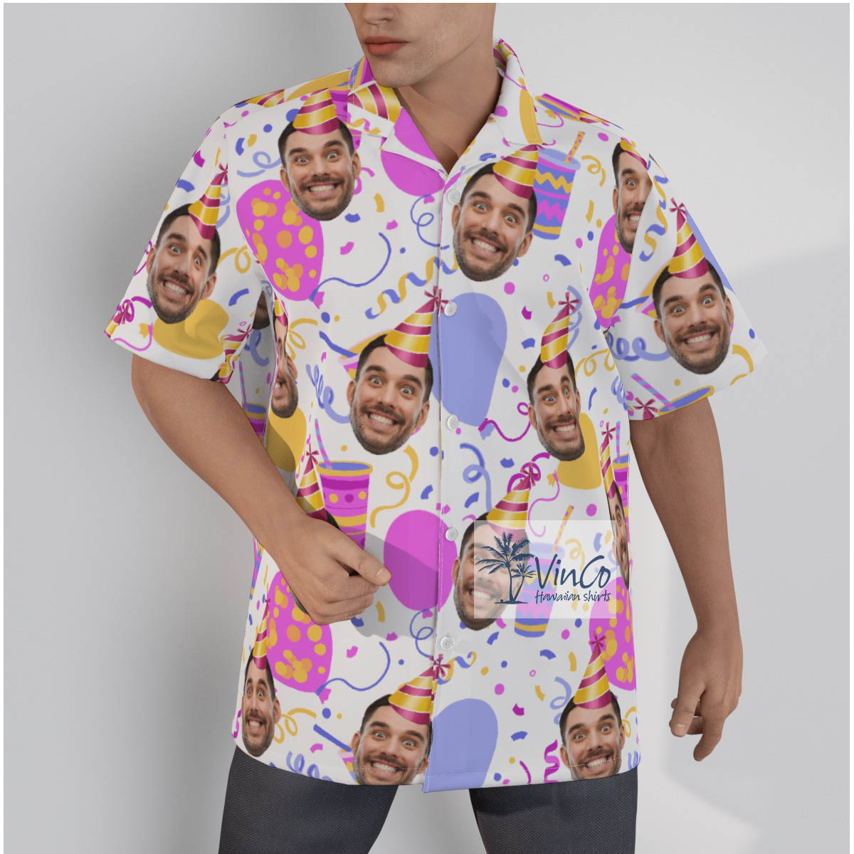 Custom Birthday Party Personalized Face Men's Hawaiian Button Up Shirt - variant image 1