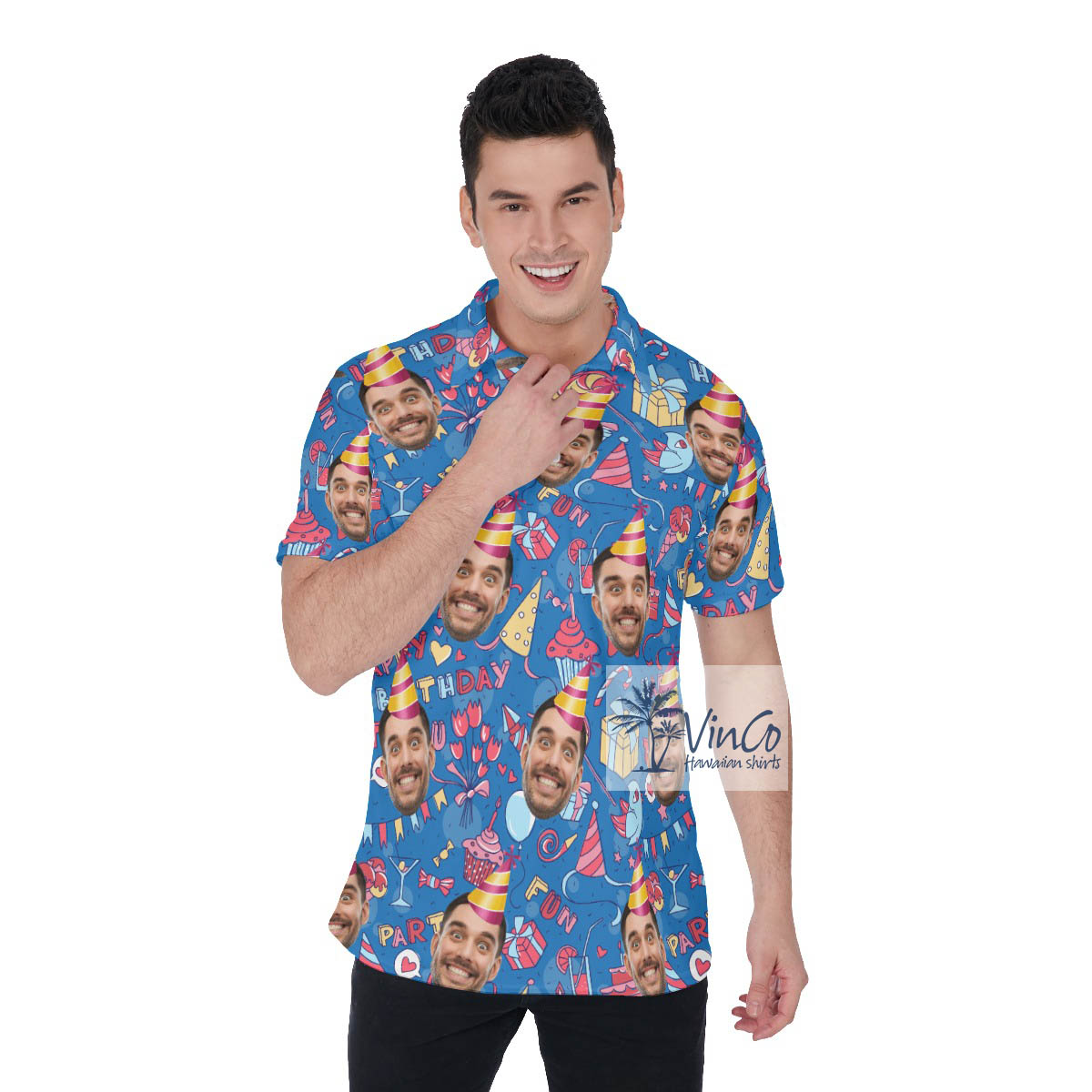 Blue Personalized Birthday Faces Hawaiian Polo Shirt For Men - variant image 1