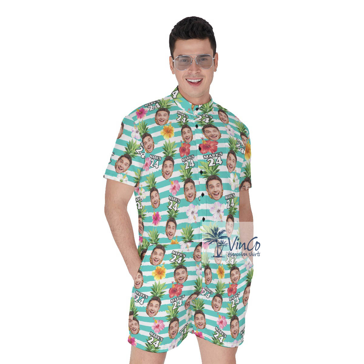 Personalized Face And Age Birthday Tropical Romper For Men - variant image 1