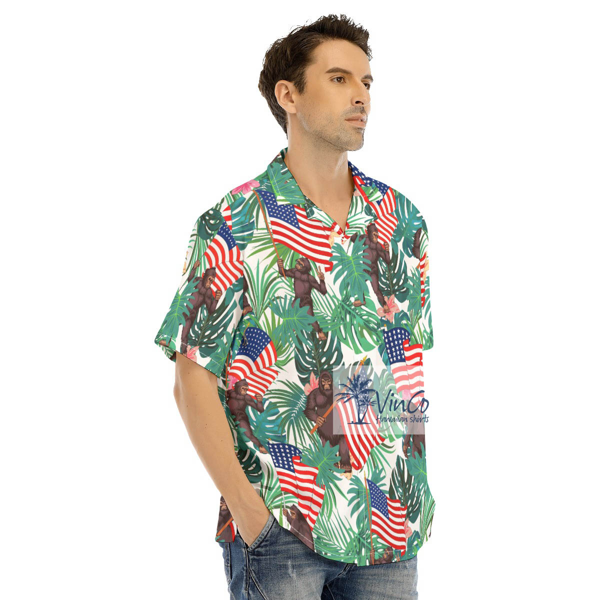 Tropical Bigfoot American Flag Men's Hawaiian Shirt