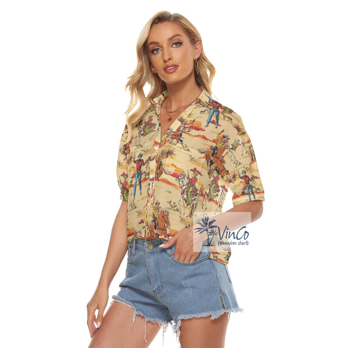 Western Cowboy Aloha Crop Top Shirt For Women